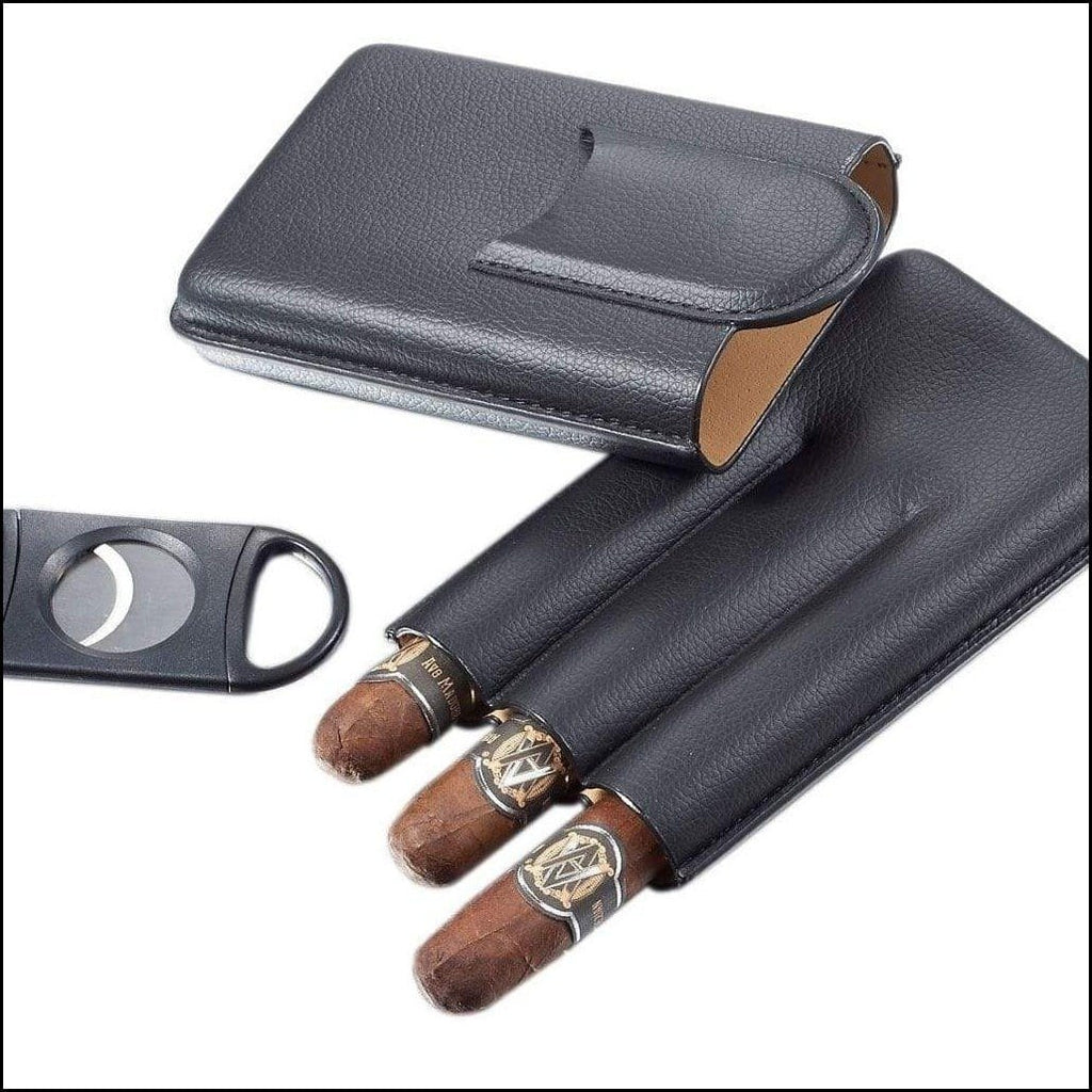 Black Leather Cigar Case with Cutter