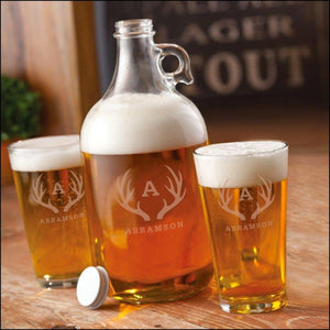 Growler w 2 Pub Glasses-Antler Design