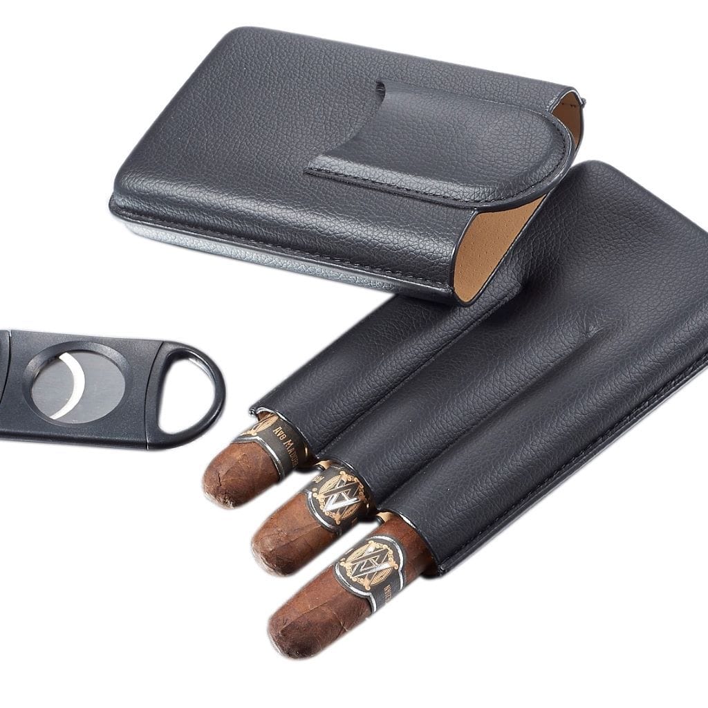 Black Leather Cigar Case with Cutter